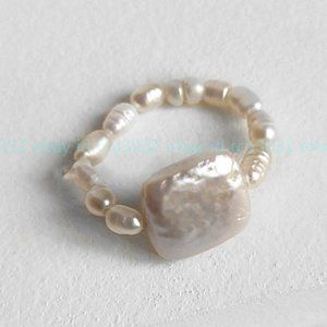 Natural White Freshwater Baroque Square Pearl AAA Circle Stretch Ring